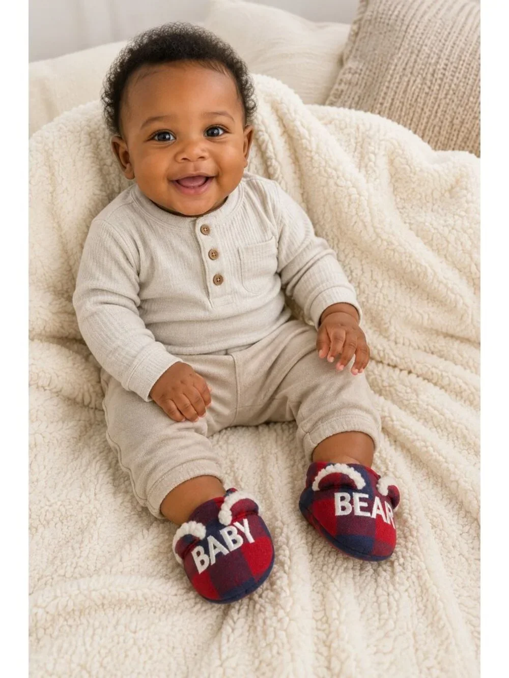 Dearfoams Cozy Comfort Baby Size 5-6 Slippers Baby Bear Plaid Flannel Lining